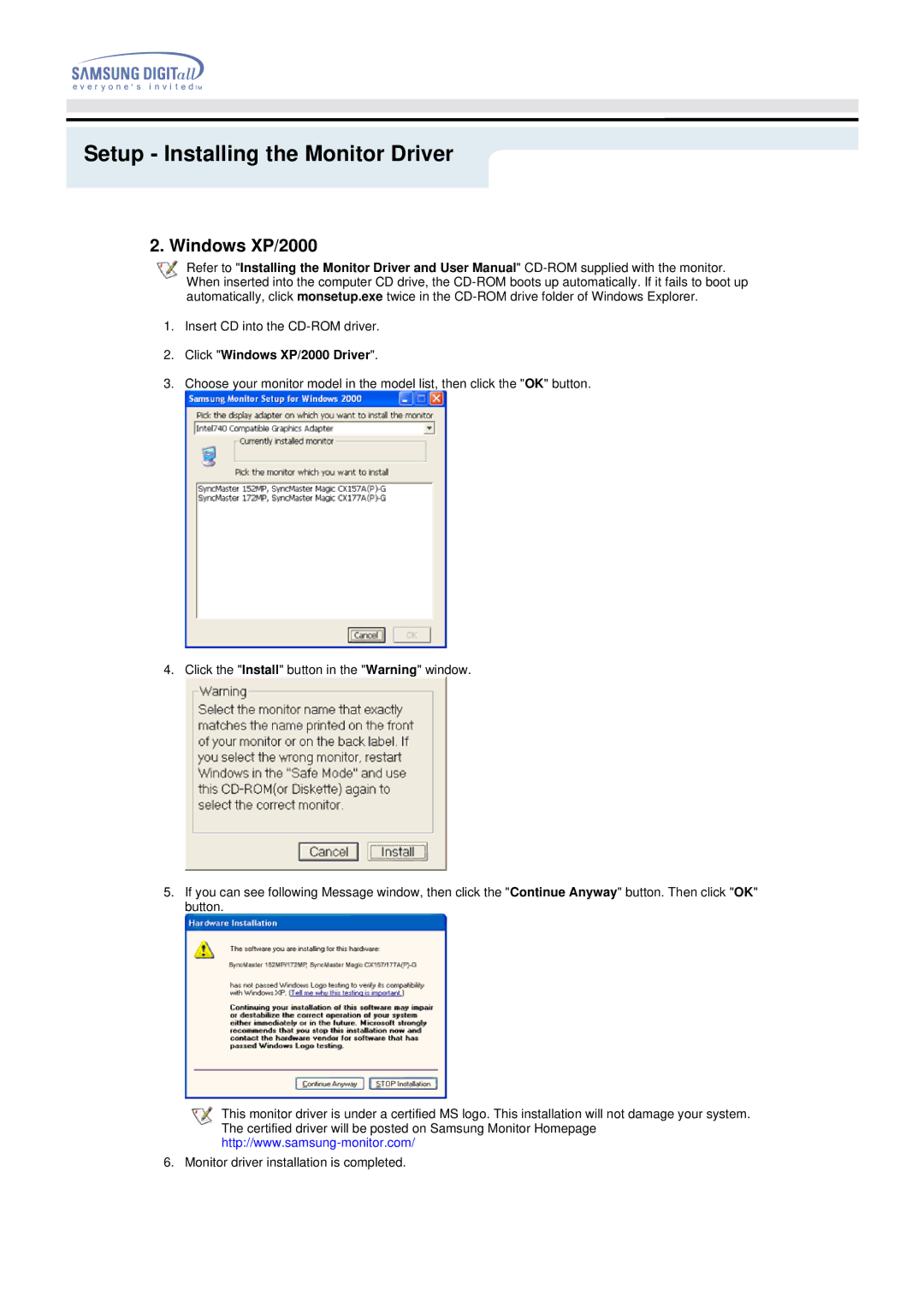 Samsung 192MP manual Click Windows XP/2000 Driver 