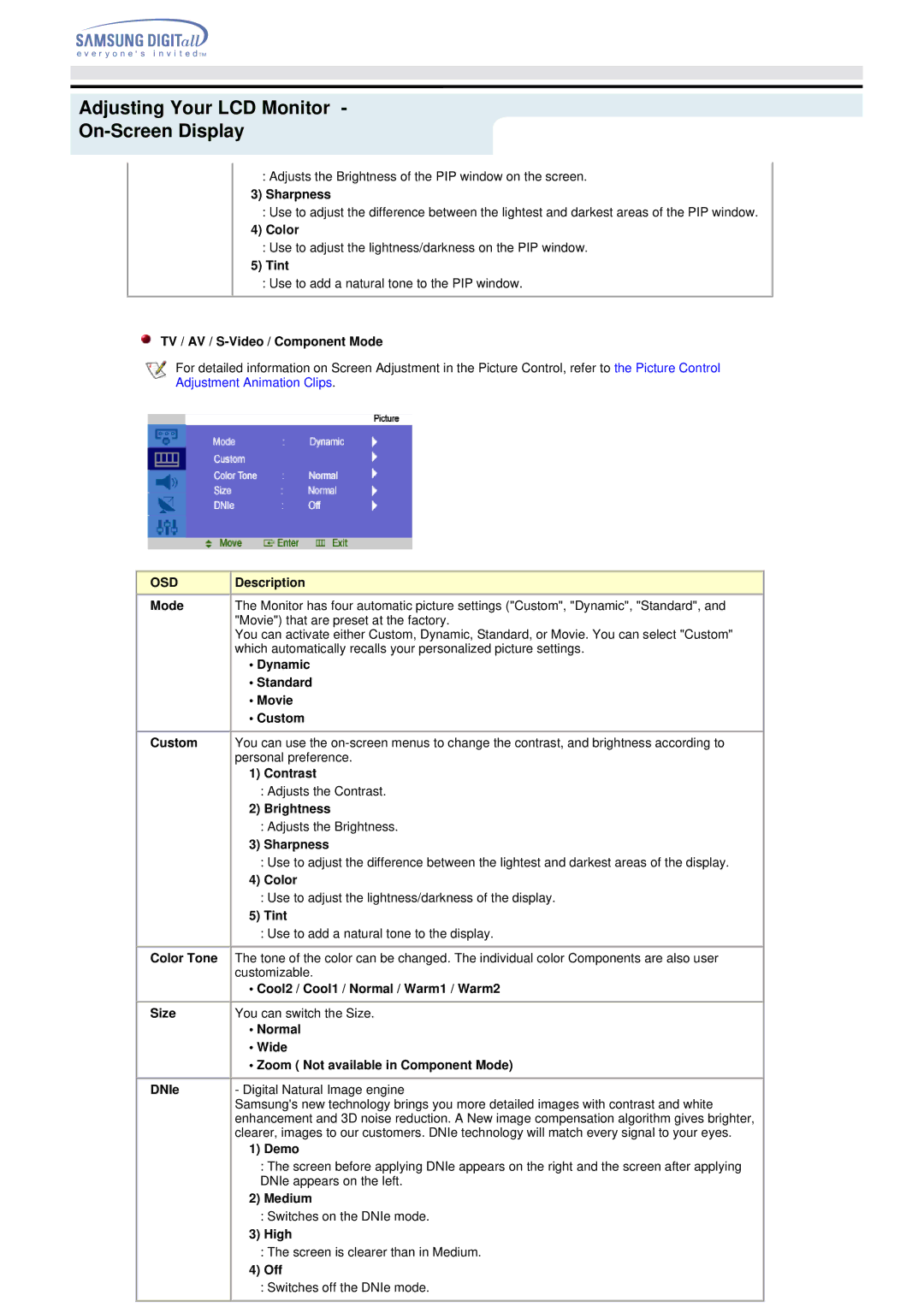 Samsung 192MP manual Sharpness, Color, Tint, TV / AV / S-Video / Component Mode, Demo, Medium, High, Off 