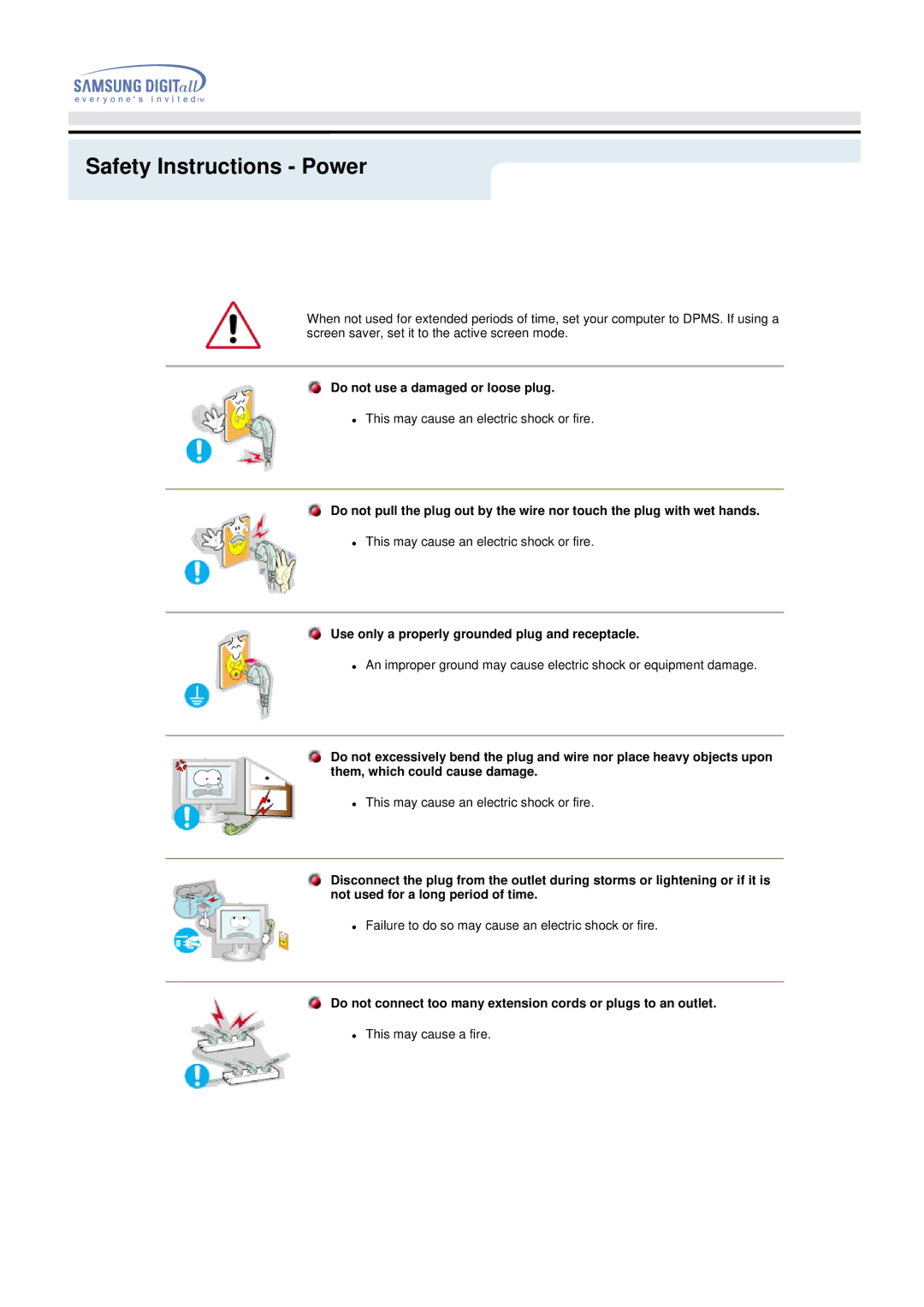 Samsung 192MP manual Safety Instructions Power, Do not use a damaged or loose plug 