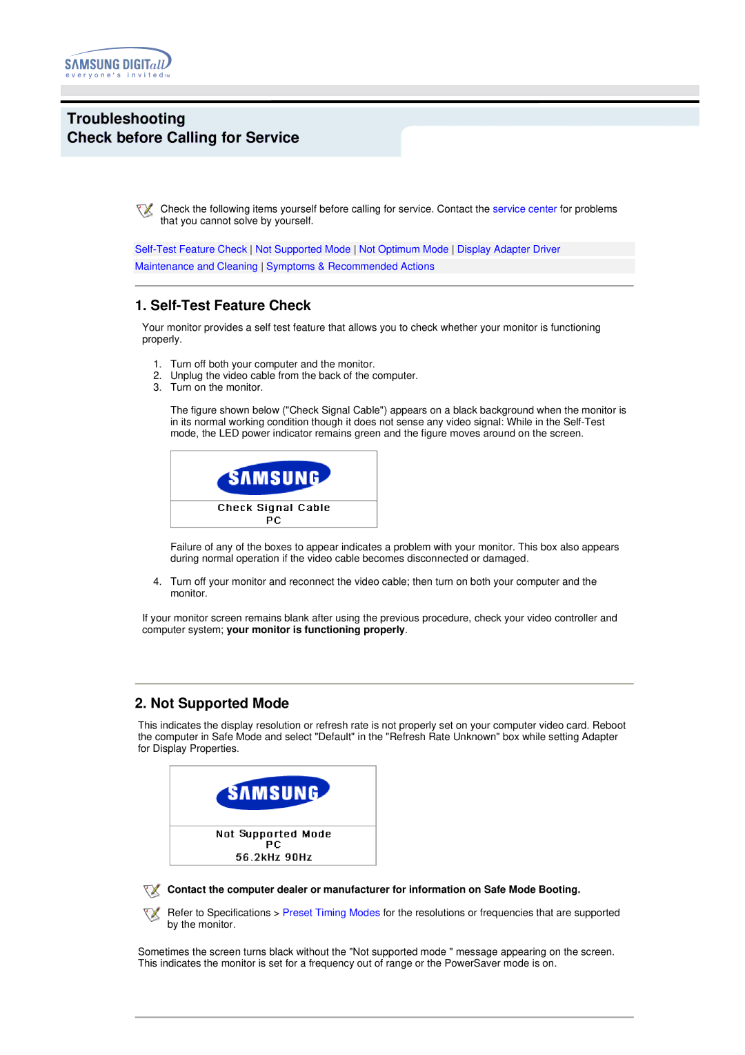 Samsung 192MP manual Self-Test Feature Check, Not Supported Mode 