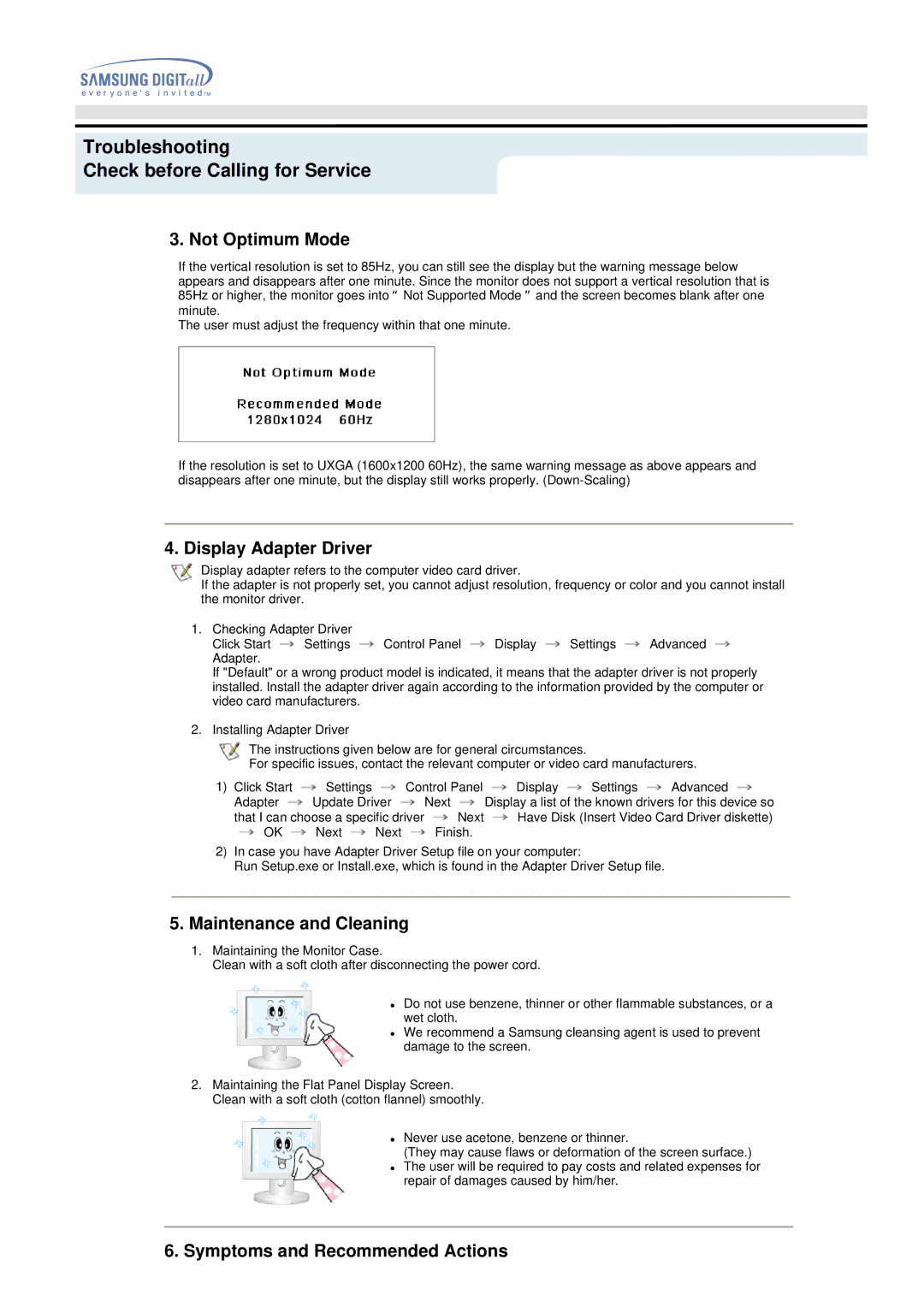 Samsung 192MP manual Not Optimum Mode, Display Adapter Driver, Maintenance and Cleaning, Symptoms and Recommended Actions 