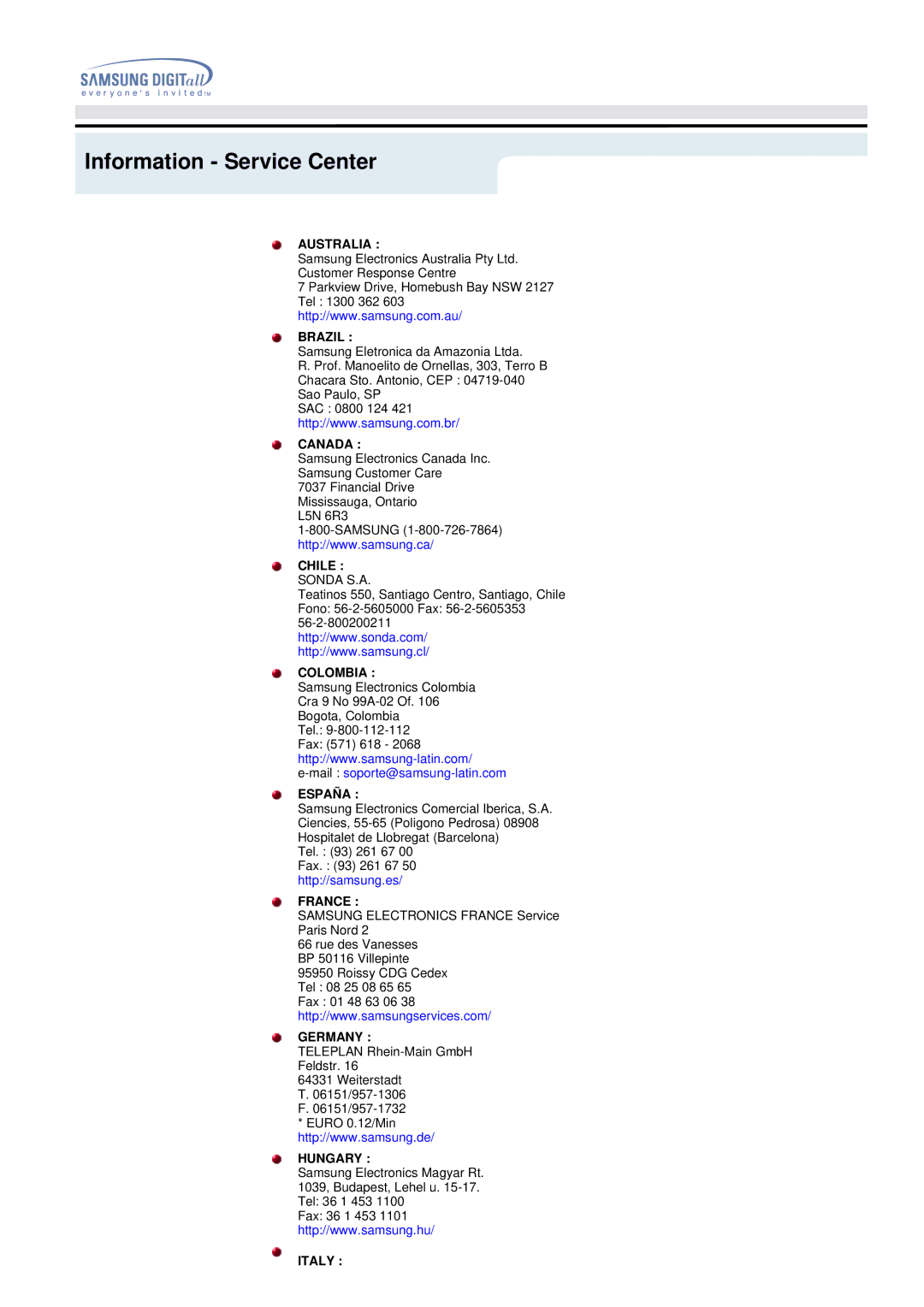 Samsung 192MP manual Information Service Center 