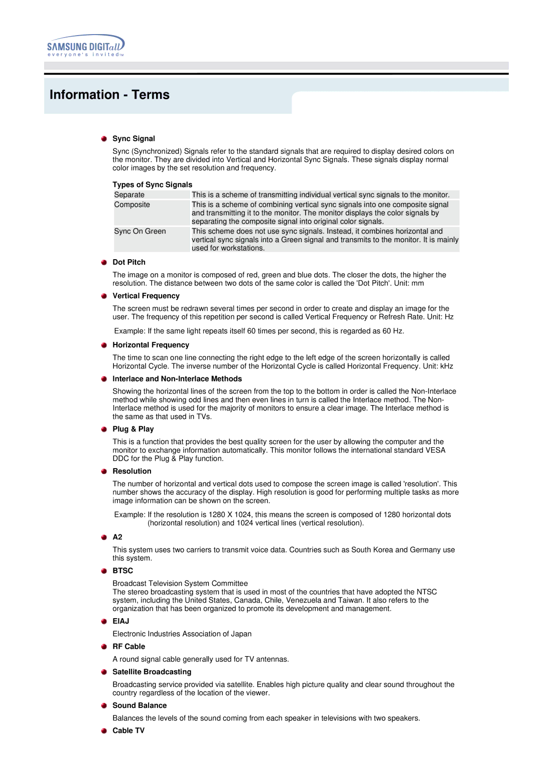 Samsung 192MP manual Information Terms, Btsc, Eiaj 