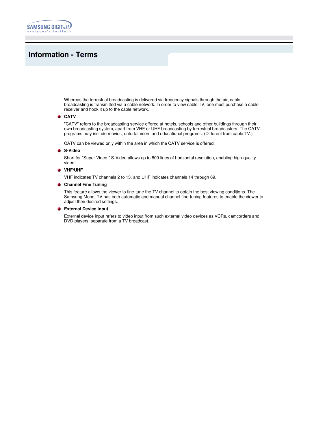 Samsung 192MP manual Catv, Vhf/Uhf, Channel Fine Tuning, External Device Input 