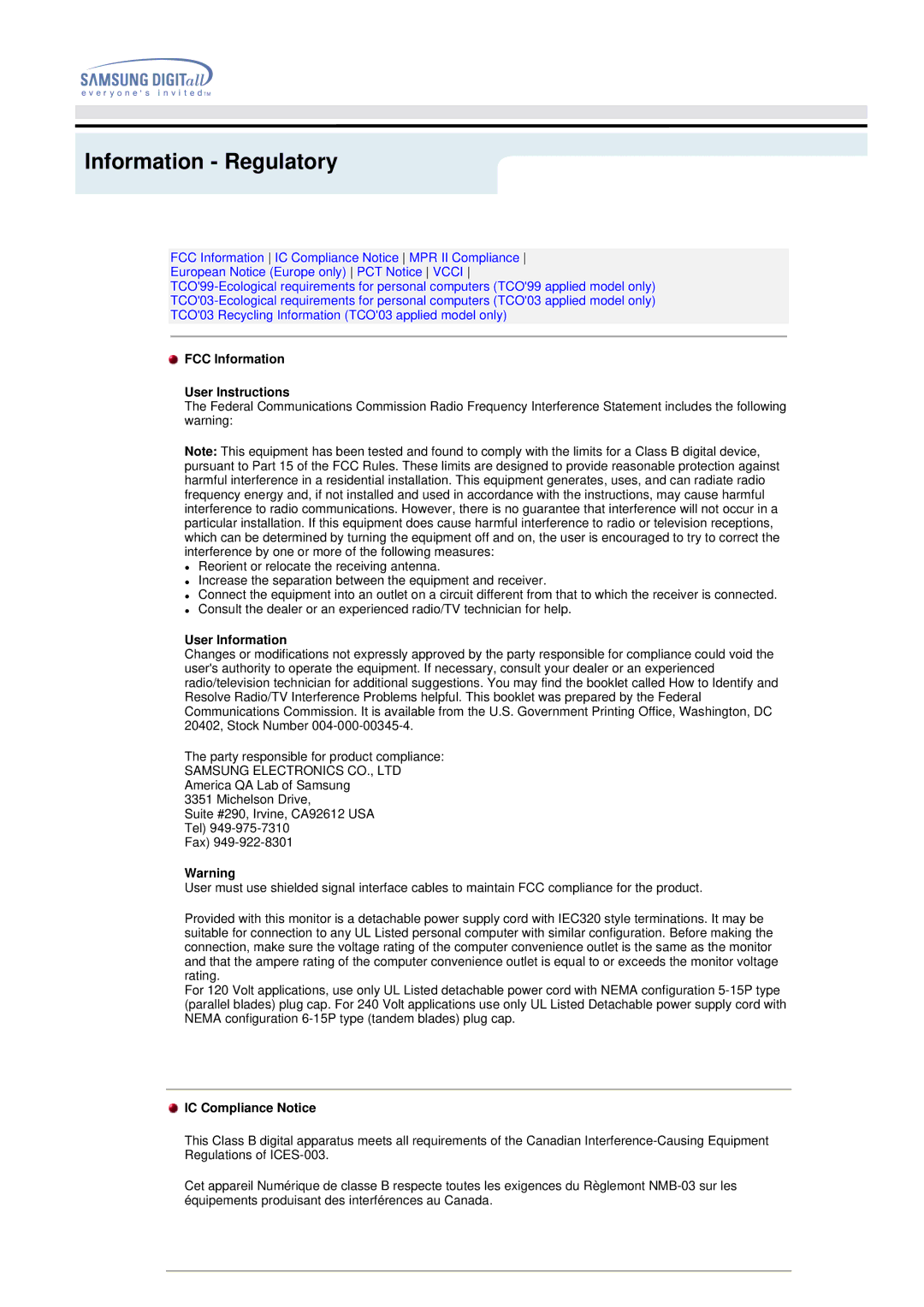 Samsung 192MP manual Information Regulatory, FCC Information User Instructions, User Information, IC Compliance Notice 