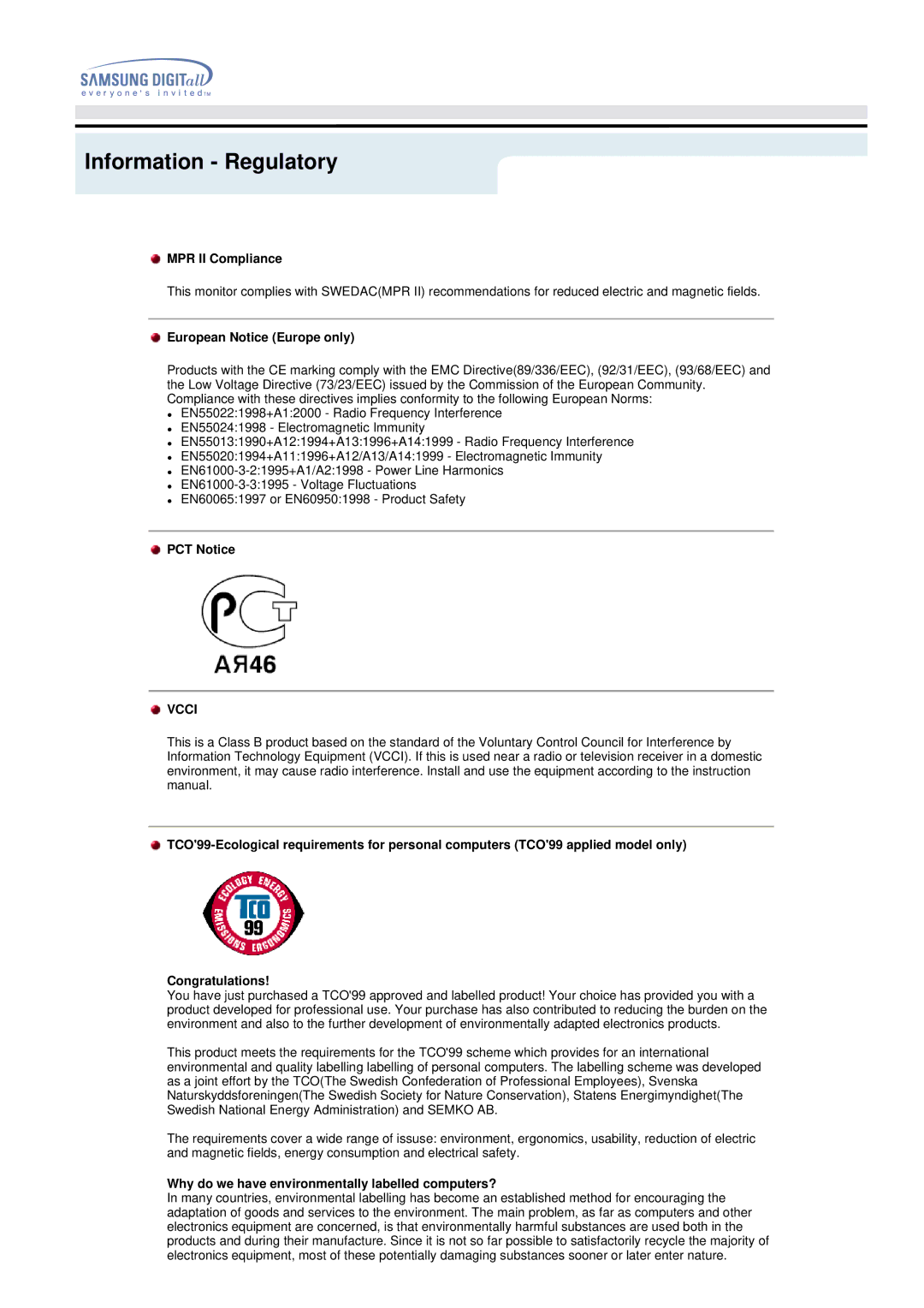 Samsung 192MP manual MPR II Compliance, European Notice Europe only, PCT Notice, Vcci 