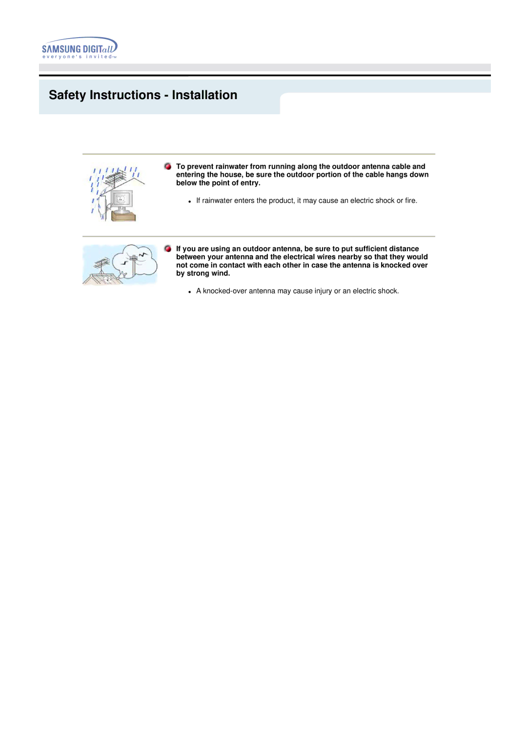 Samsung 192MP manual Knocked-over antenna may cause injury or an electric shock 