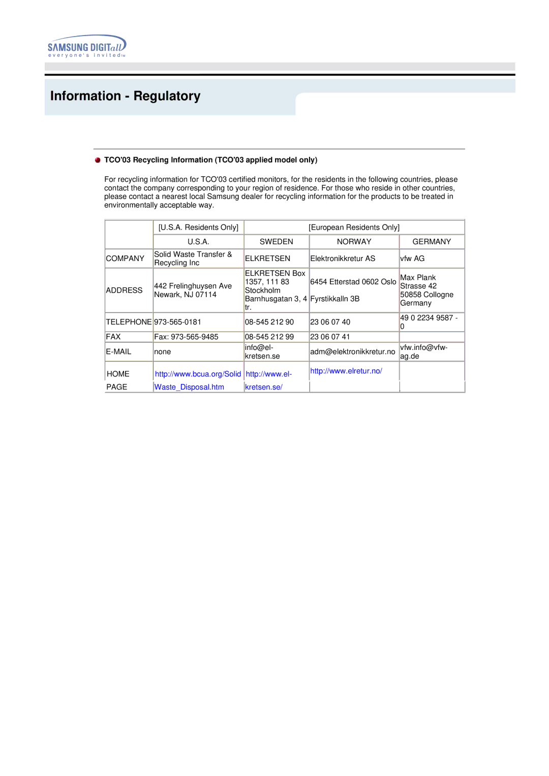 Samsung 192MP manual TCO03 Recycling Information TCO03 applied model only, Elkretsen 