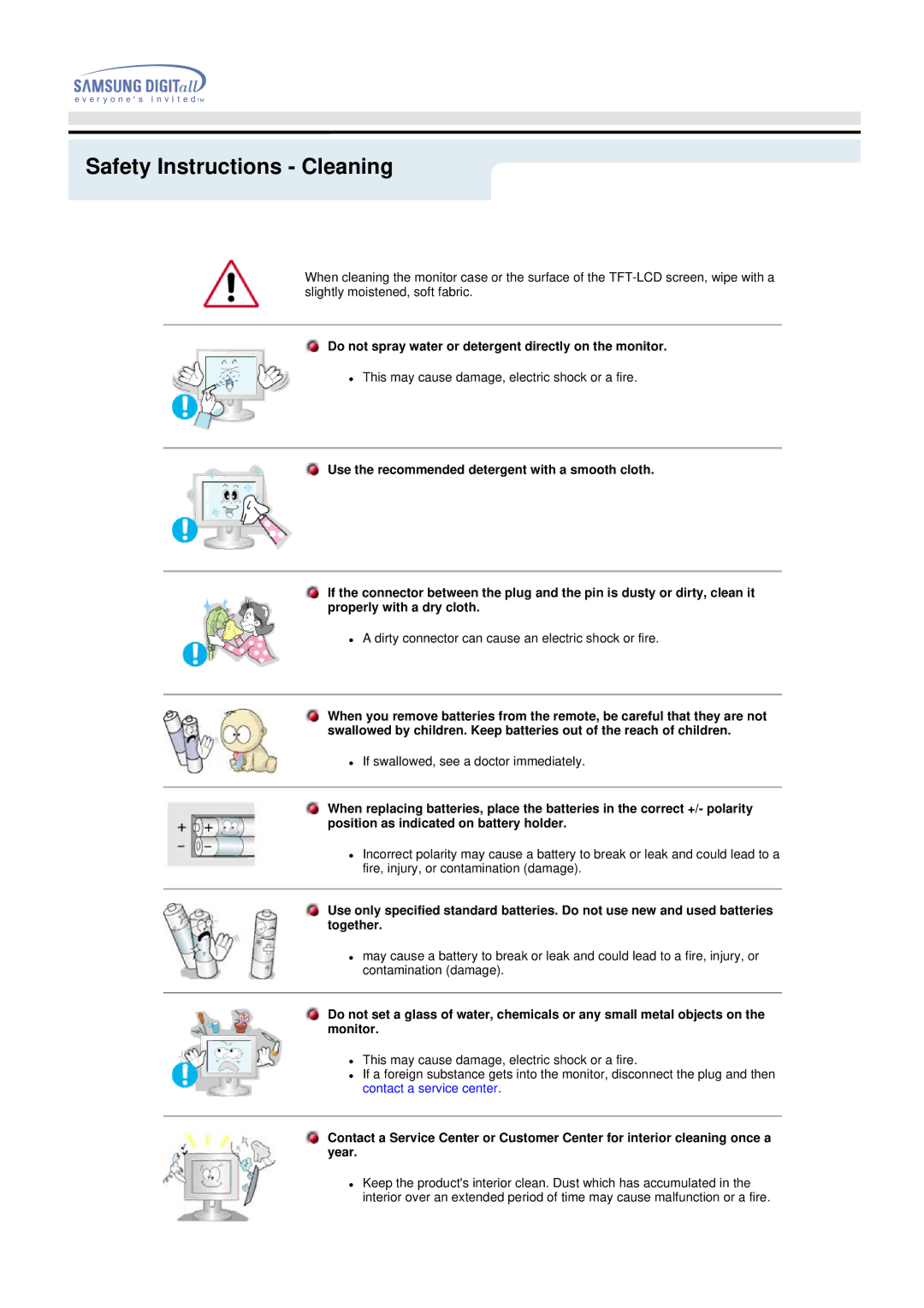 Samsung 192MP manual Safety Instructions Cleaning, Do not spray water or detergent directly on the monitor 