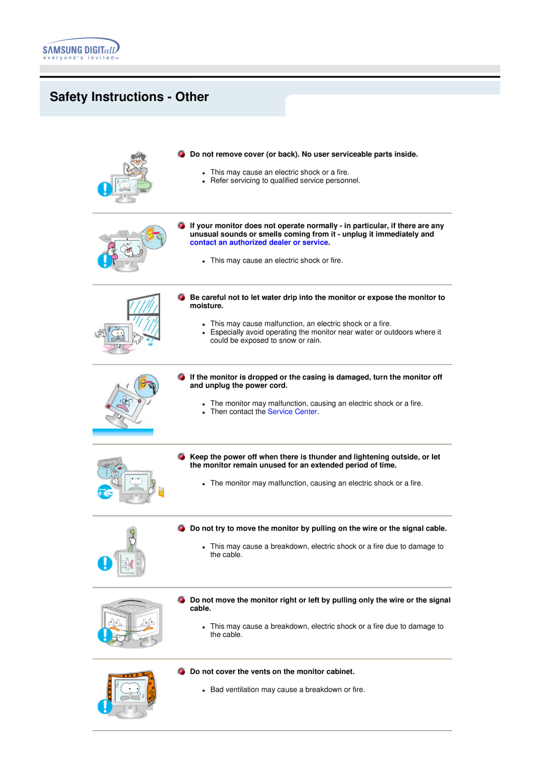 Samsung 192MP manual Safety Instructions Other, Do not cover the vents on the monitor cabinet 