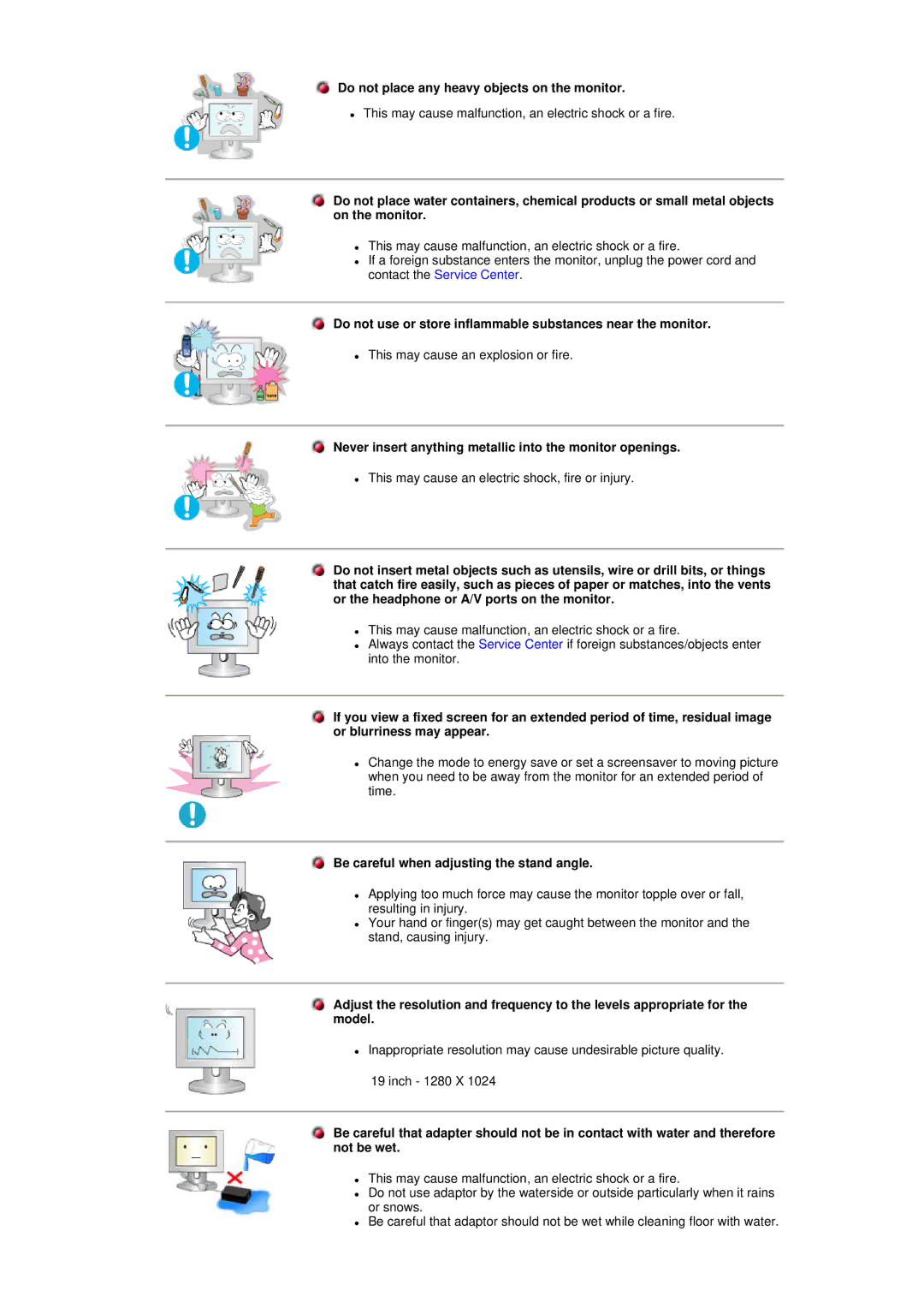 Samsung 192MP Do not place any heavy objects on the monitor, Do not use or store inflammable substances near the monitor 