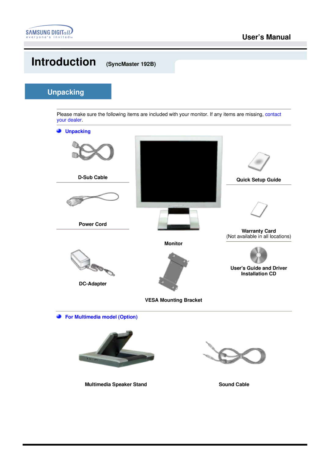 Samsung 192B, 192T manual Unpacking 