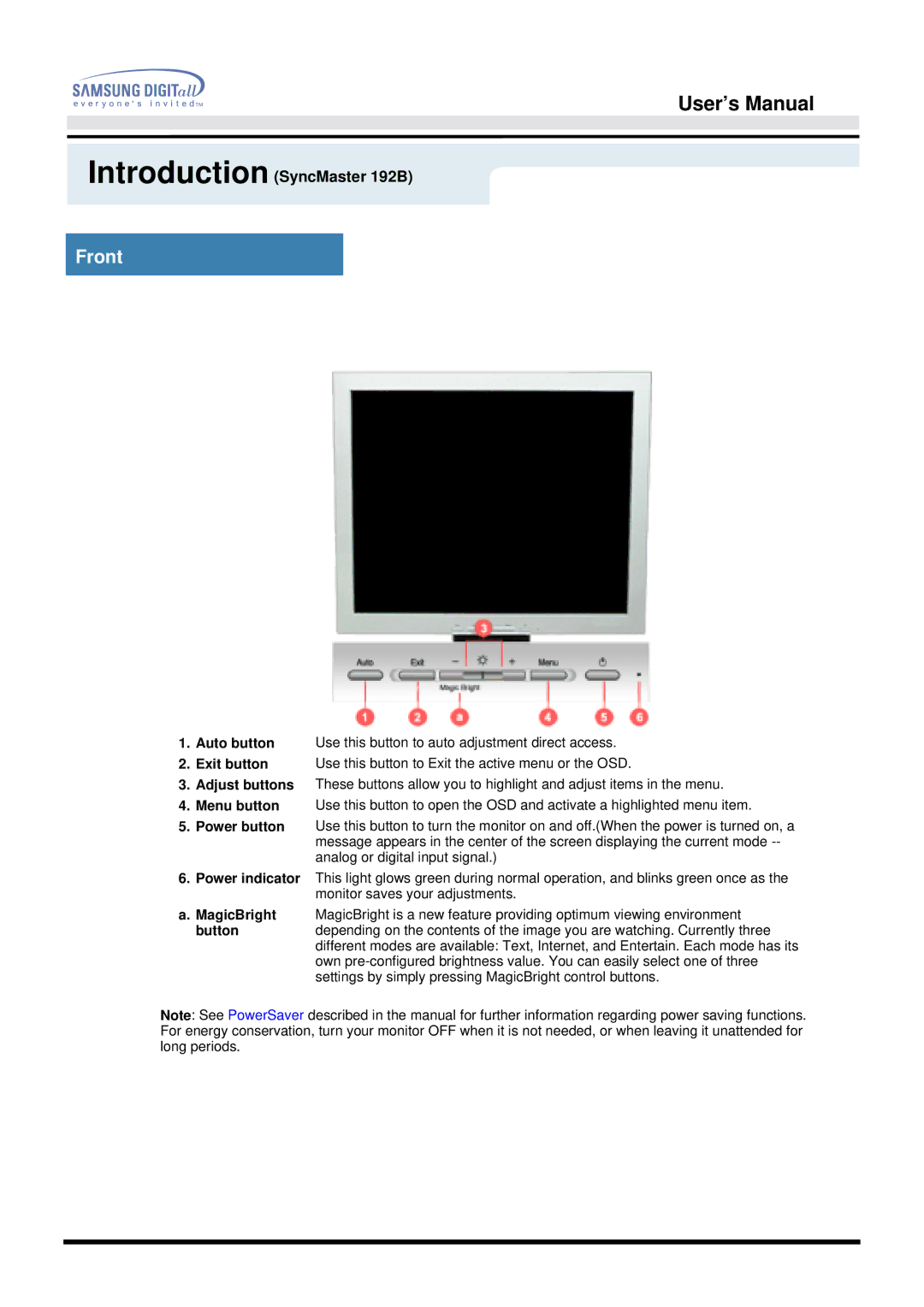 Samsung 192B, 192T manual Front 