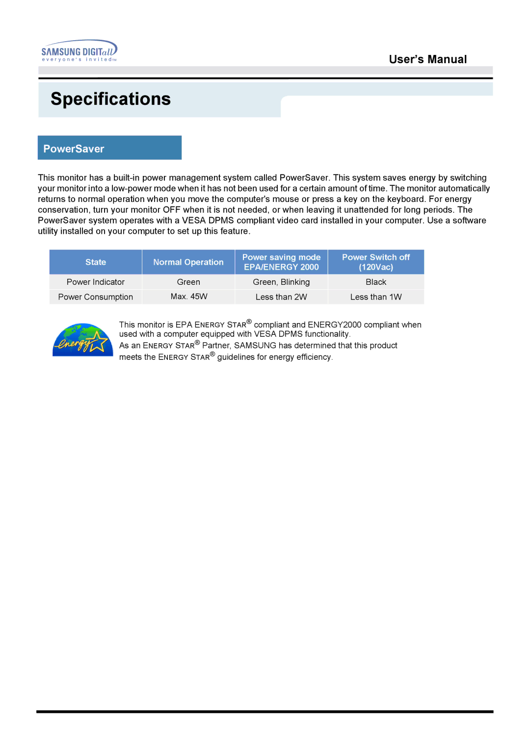 Samsung 192T, 192B manual PowerSaver, Epa/Energy 