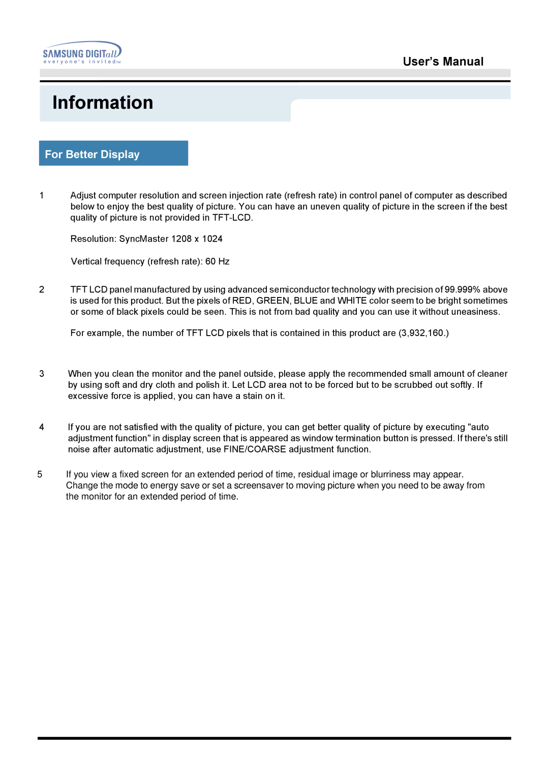 Samsung 192T, 192B manual For Better Display 