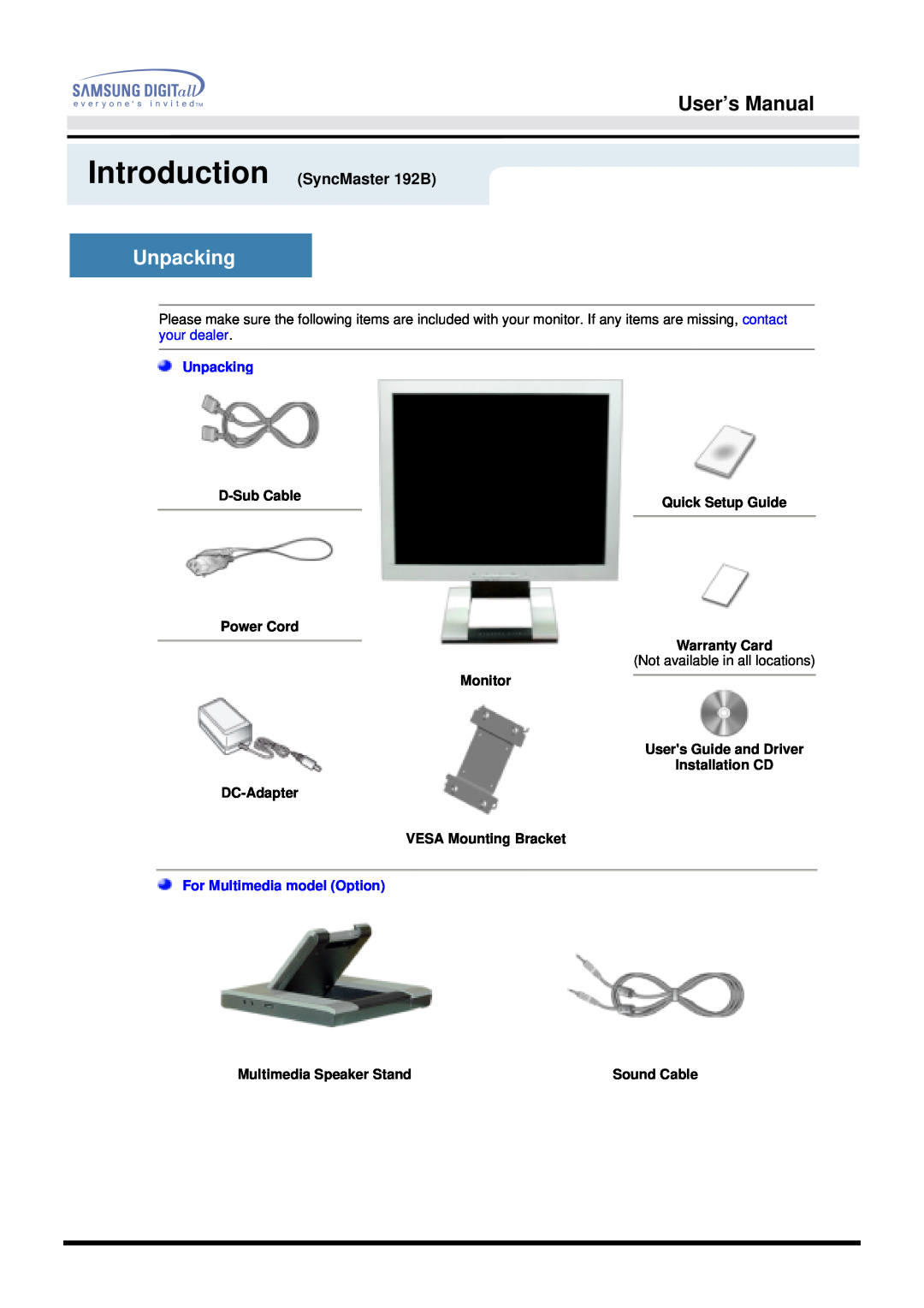 Samsung Unpacking, User’s Manual, Introduction SyncMaster 192B, D-Sub Cable, Quick Setup Guide, VESA Mounting Bracket 