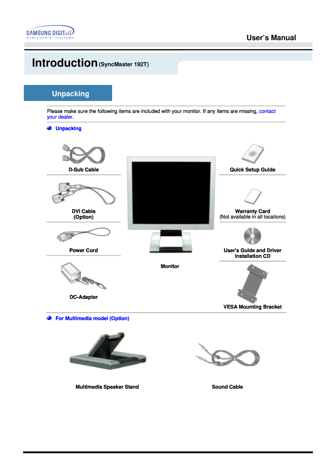 Samsung User’s Manual, Unpacking, IntroductionSyncMaster 192T, D-Sub Cable, Quick Setup Guide, DVI Cable, Warranty Card 