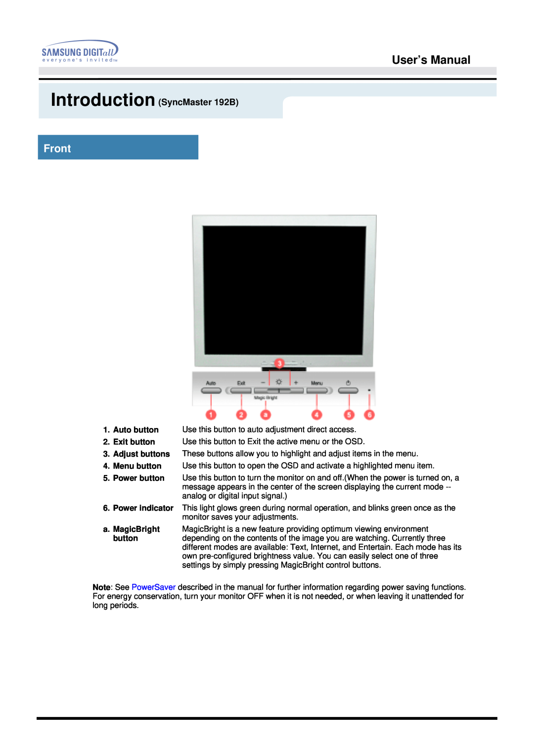 Samsung 192T manual Front, User’s Manual, Introduction SyncMaster 192B 