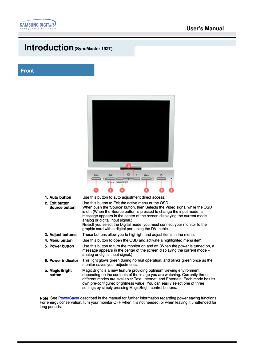 Samsung 192B manual User’s Manual, Front, IntroductionSyncMaster 192T 