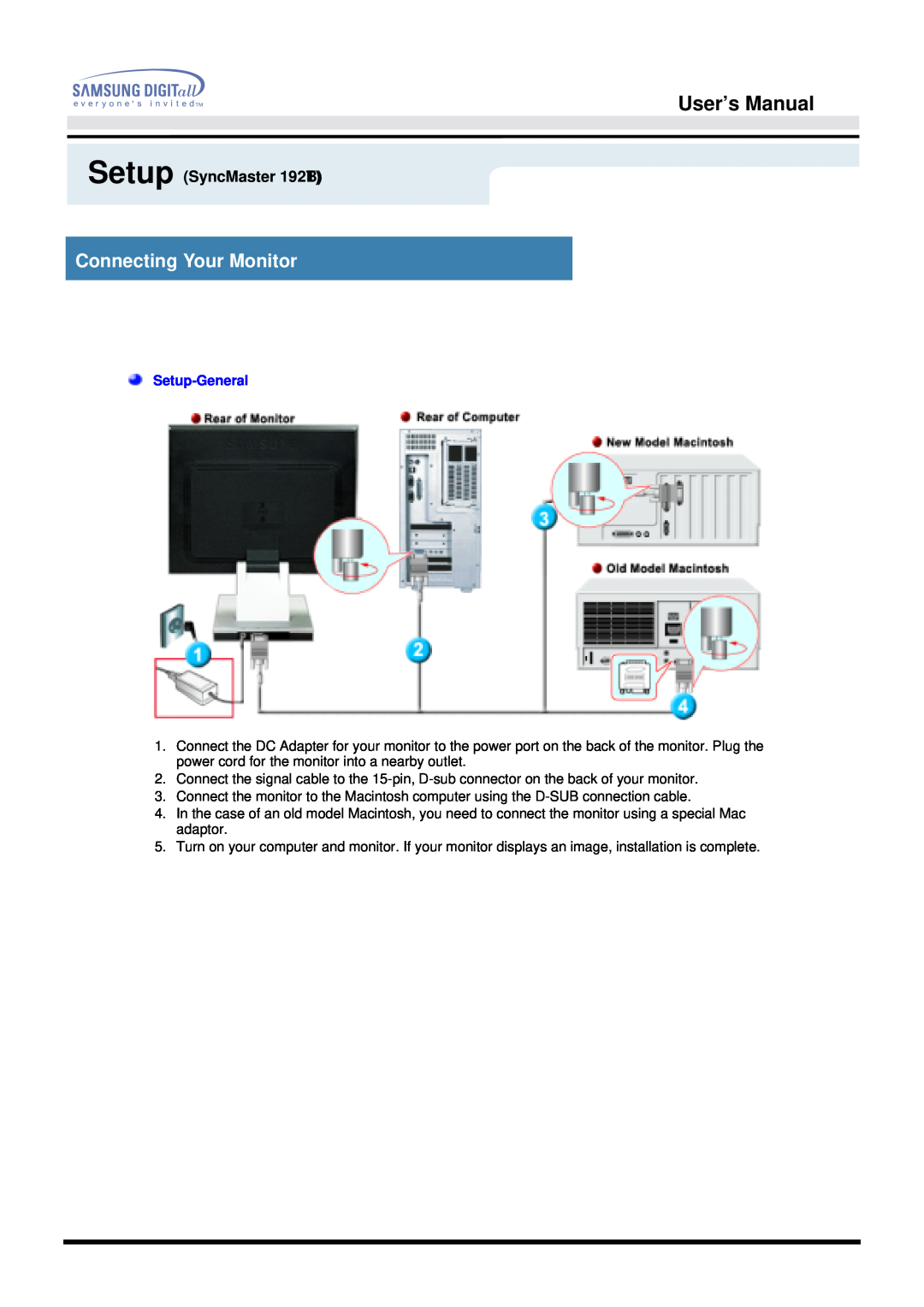 Samsung 192B manual Connecting Your Monitor, User’s Manual, Setup SyncMaster 192TB, Setup-General 