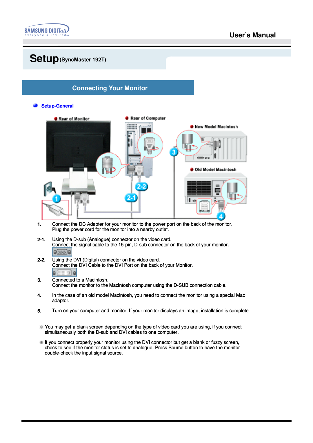 Samsung 192B manual User’s Manual, Connecting Your Monitor, SetupSyncMaster 192T, Setup-General 