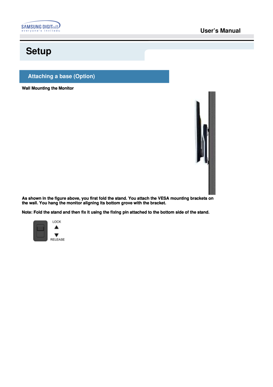 Samsung 192B, 192T manual Attaching a base Option, Setup, User’s Manual, Wall Mounting the Monitor 