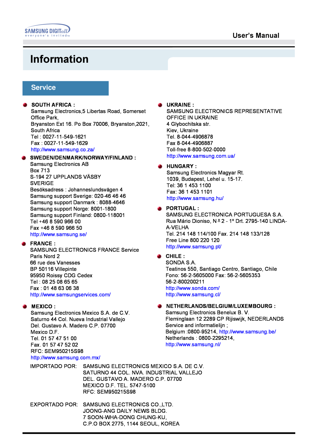 Samsung 192B Service, Information, User’s Manual, South Africa, Sweden/Denmark/Norway/Finland, France, Mexico, Ukraine 