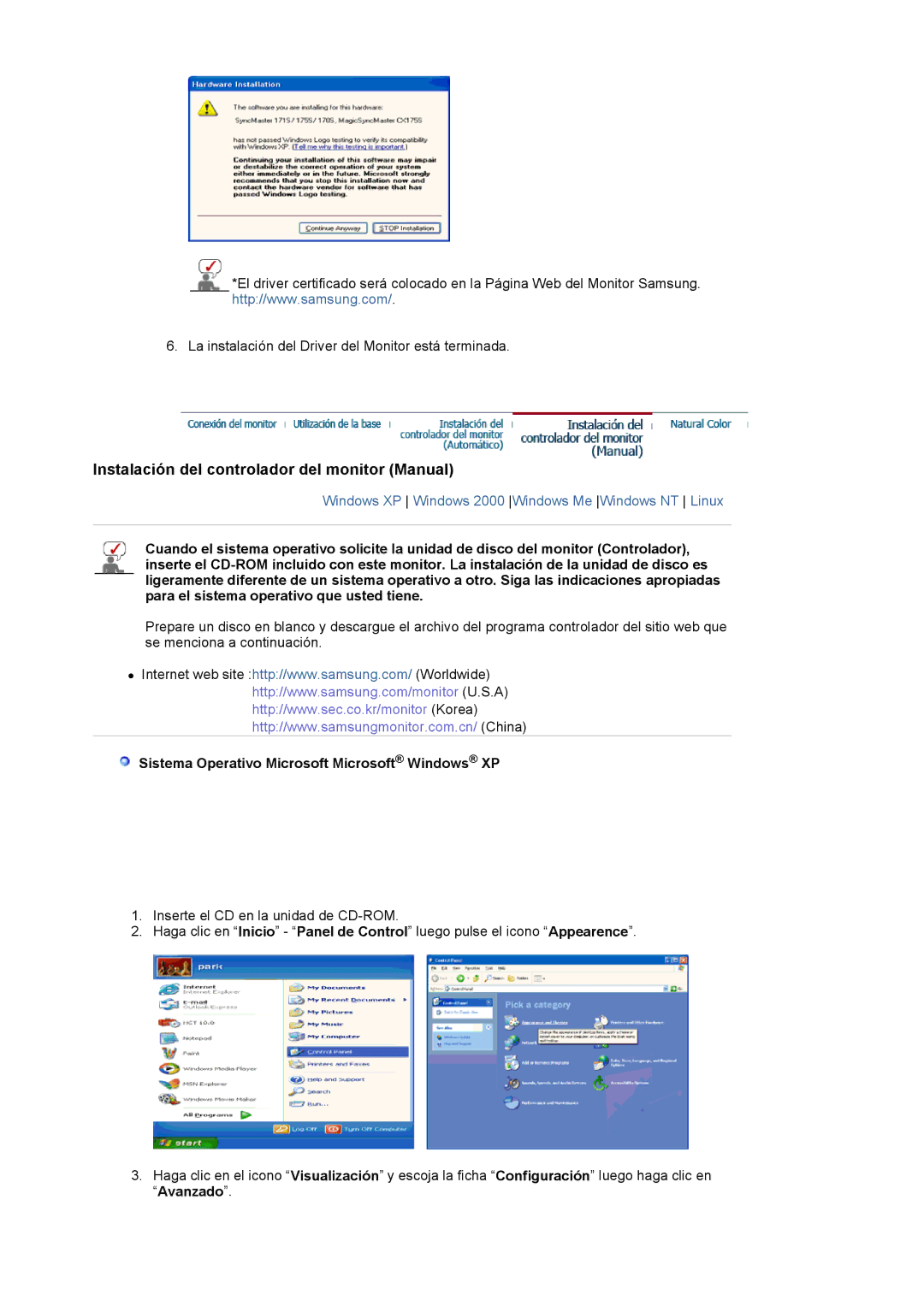 Samsung 173P PLUS manual Instalación del controlador del monitor Manual, Sistema Operativo Microsoft Microsoft Windows XP 