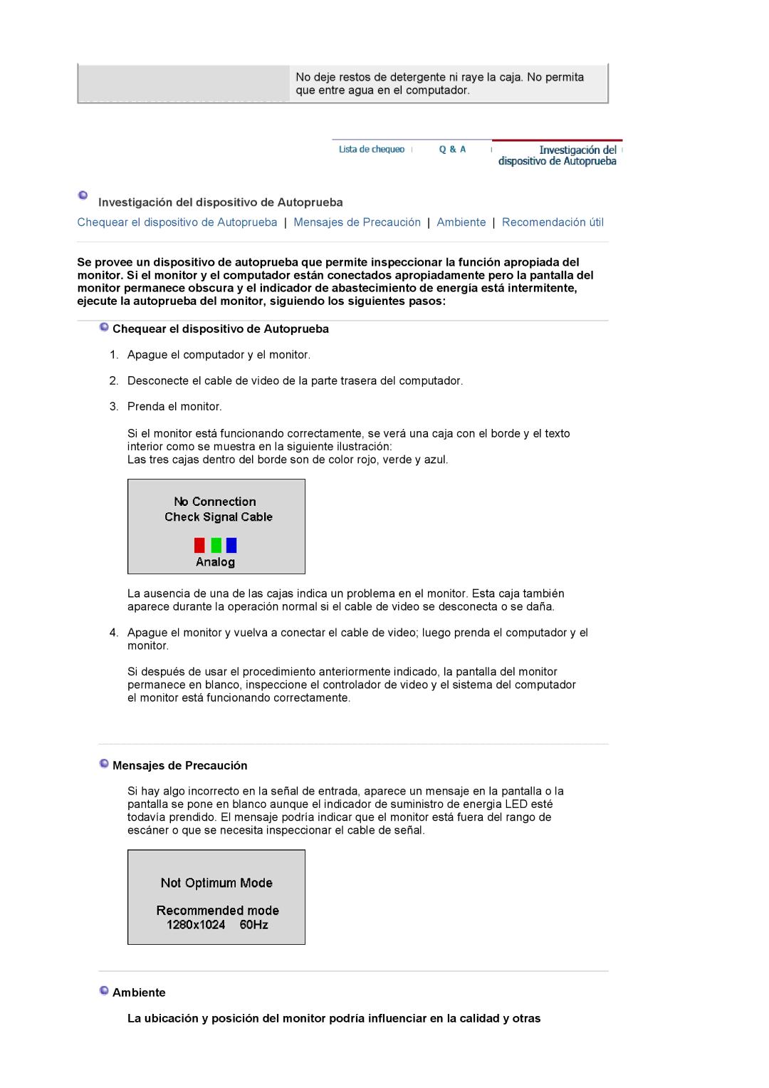 Samsung 193P plus, 173P PLUS manual Investigación del dispositivo de Autoprueba, Mensajes de Precaución 