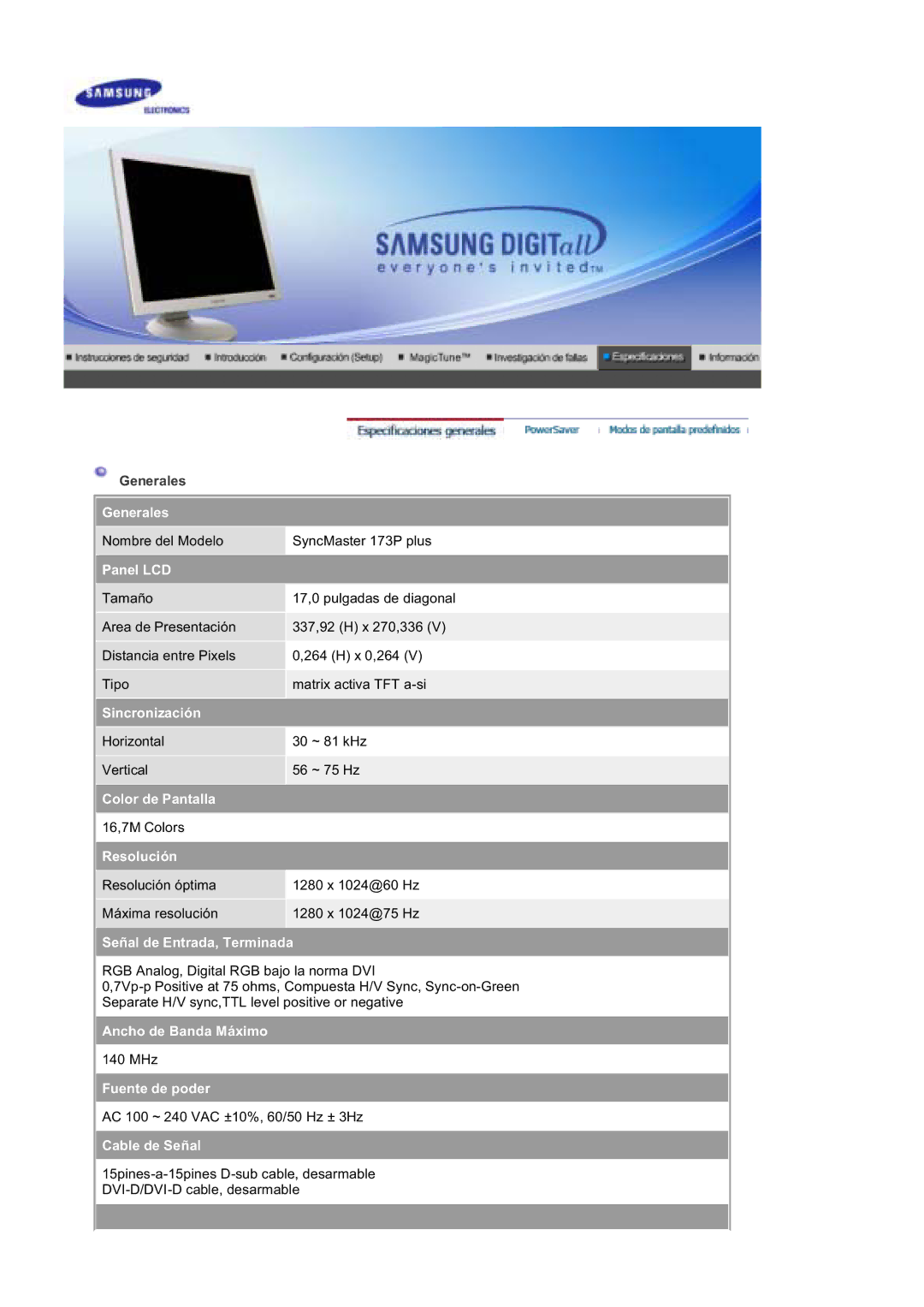 Samsung 193P plus, 173P PLUS manual Generales, Panel LCD 