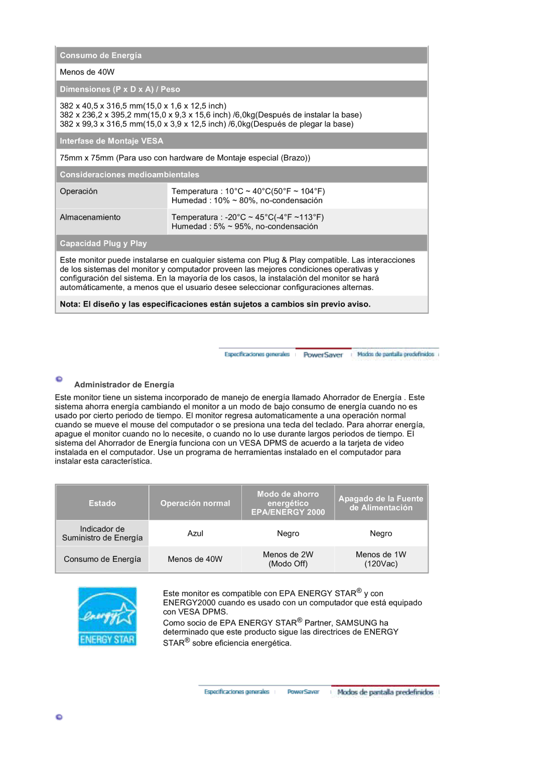 Samsung 173P PLUS, 193P plus manual Dimensiones P x D x a / Peso, Administrador de Energía 