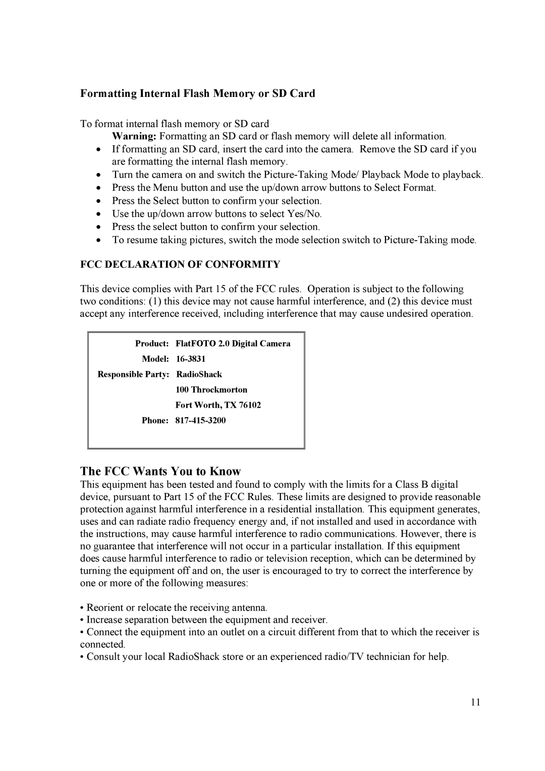 Samsung 2 user manual Formatting Internal Flash Memory or SD Card, FCC Declaration of Conformity 