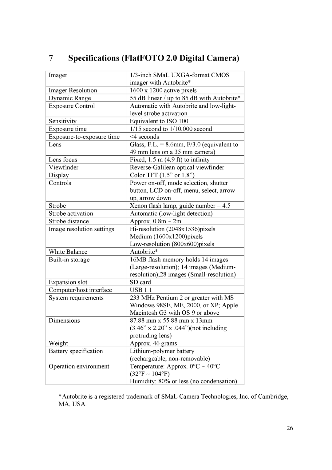 Samsung user manual Specifications FlatFOTO 2.0 Digital Camera 