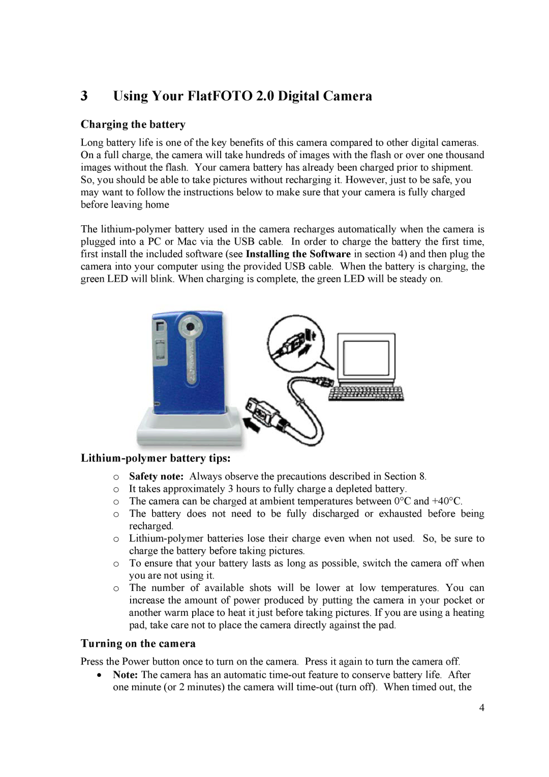 Samsung user manual Using Your FlatFOTO 2.0 Digital Camera, Charging the battery, Lithium-polymer battery tips 