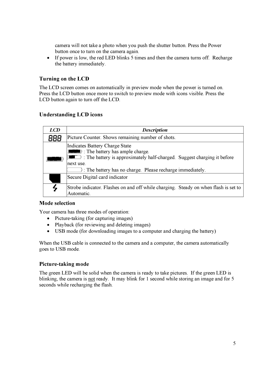 Samsung 2 user manual Turning on the LCD, Understanding LCD icons, Mode selection, Picture-taking mode 