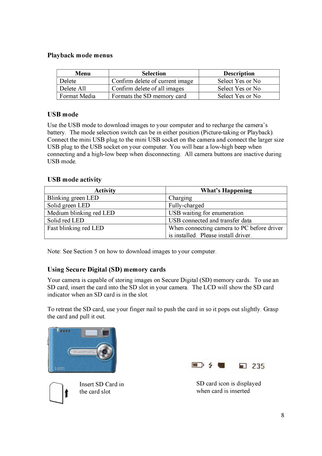 Samsung 2 user manual Playback mode menus, USB mode activity, Using Secure Digital SD memory cards 