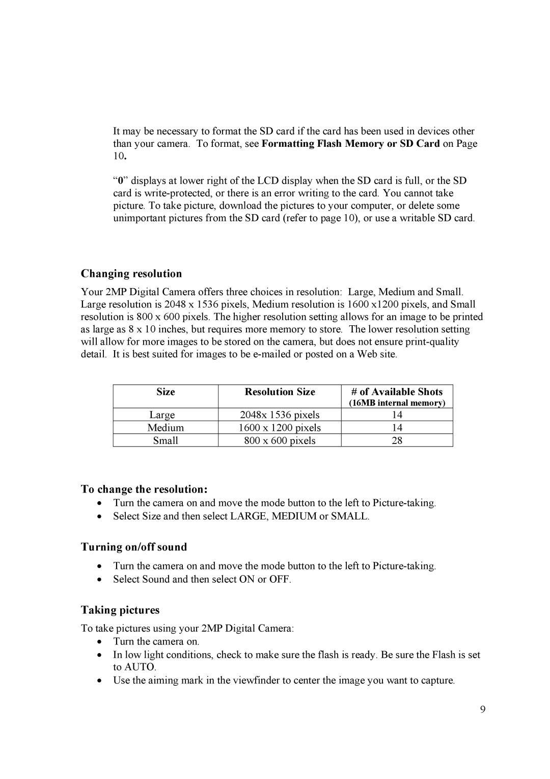 Samsung 2 user manual Changing resolution, To change the resolution, Turning on/off sound, Taking pictures 