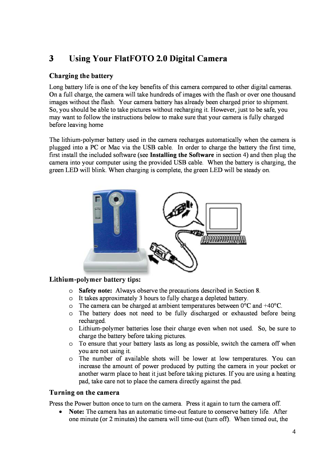 Samsung user manual Using Your FlatFOTO 2.0 Digital Camera, Charging the battery, Lithium-polymer battery tips 