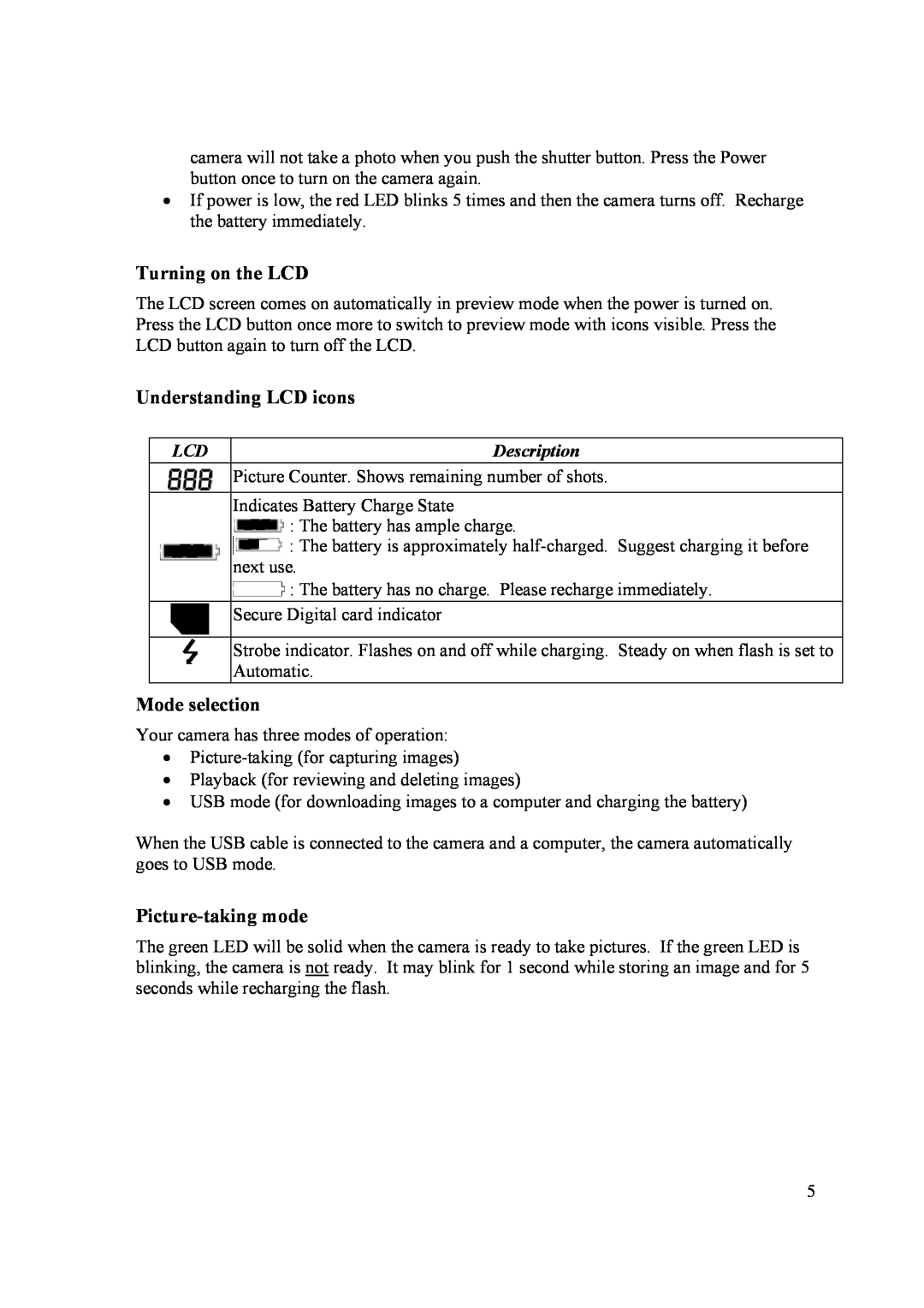 Samsung 2 user manual Turning on the LCD, Understanding LCD icons, Mode selection, Picture-taking mode, Description 