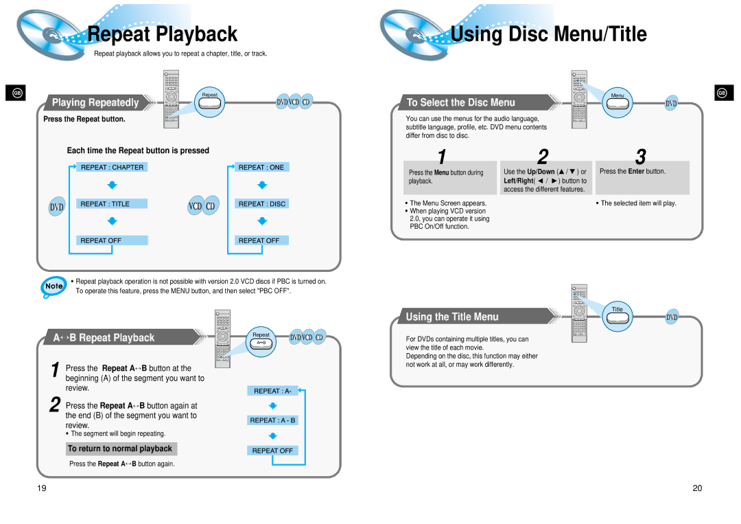 Samsung 20041112182436906 instruction manual Repeat Playback, Using Disc Menu/Title 