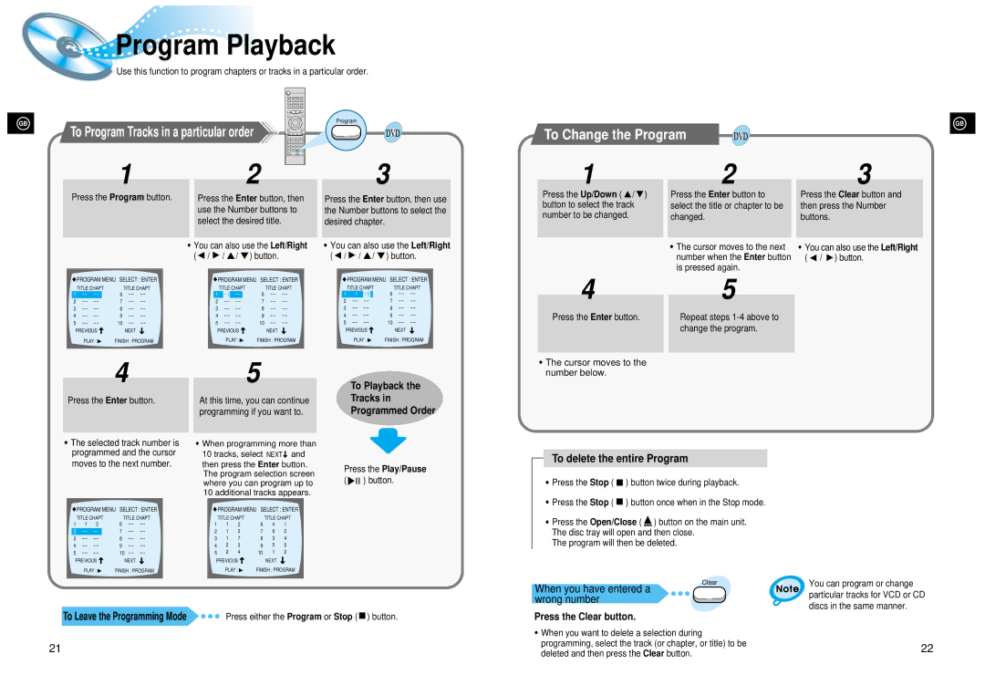 Samsung 20041112182436906 Program Playback, To Change the Program, To delete the entire Program, Press the Clear button 