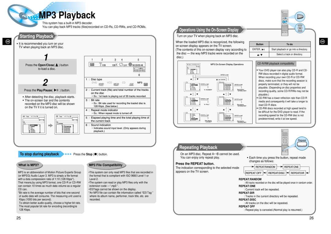 Samsung 20041112182436906 instruction manual MP3 Playback, Starting Playback, Repeating Playback, To stop during playback 