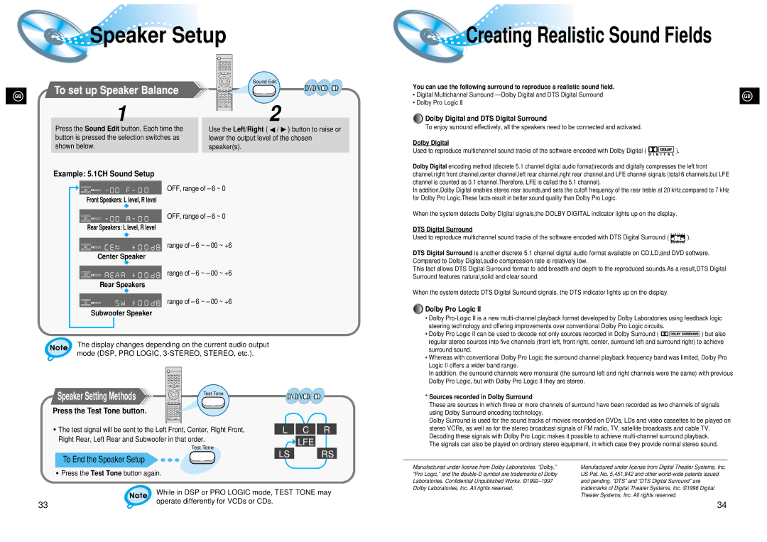 Samsung 20041112182436906 To set up Speaker Balance, Example 5.1CH Sound Setup, Press the Test Tone button 