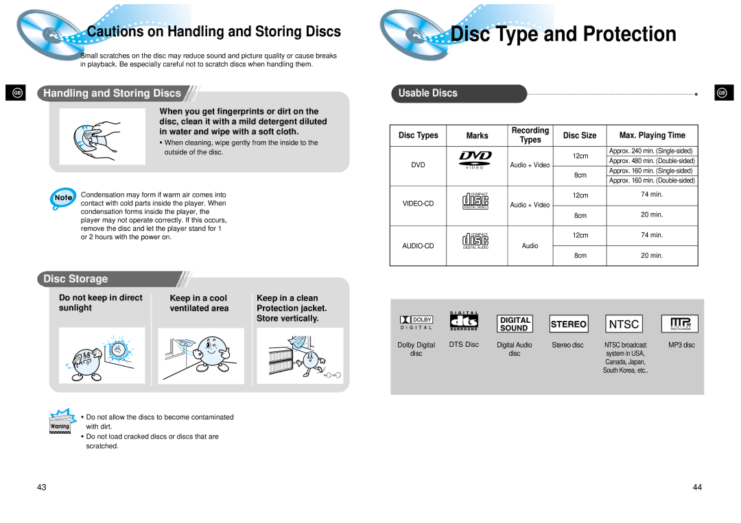 Samsung 20041112182436906 Disc Type and Protection, Usable Discs, Do not keep in direct, Marks, Disc Size 