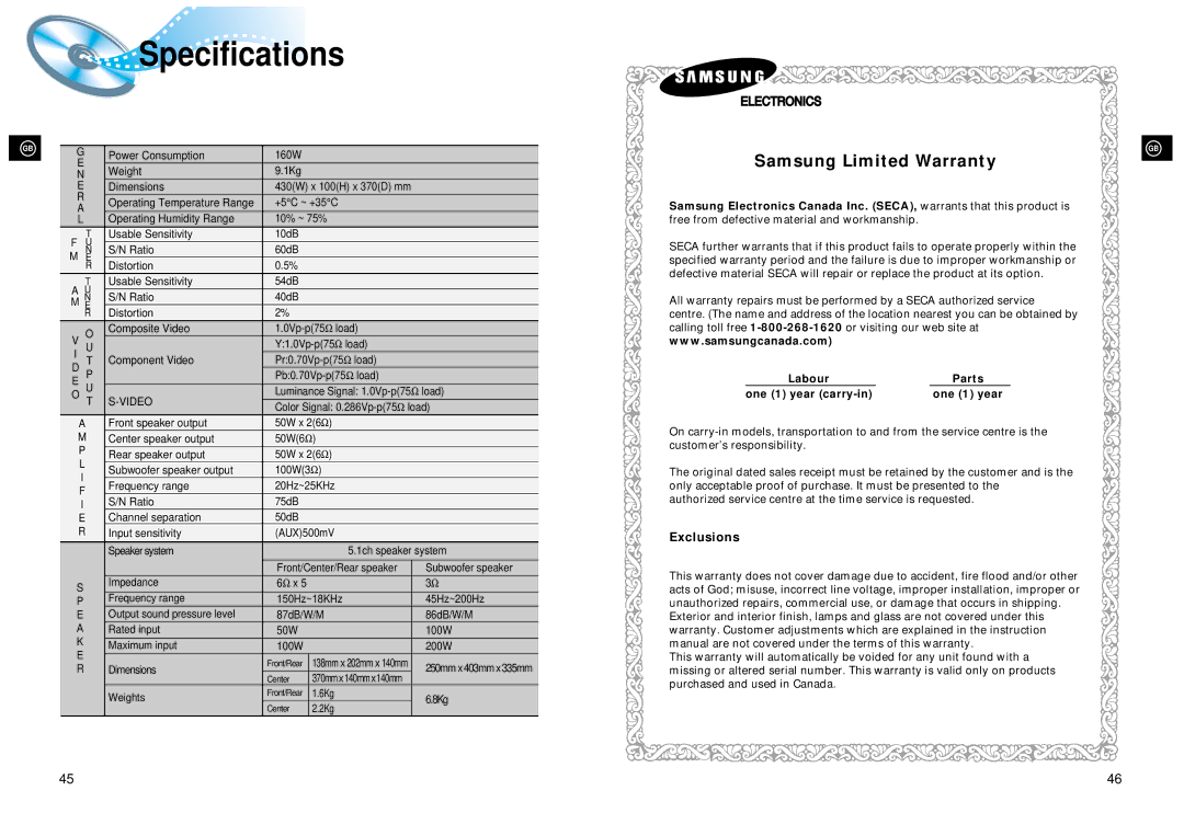 Samsung 20041112182436906 instruction manual Specifications 