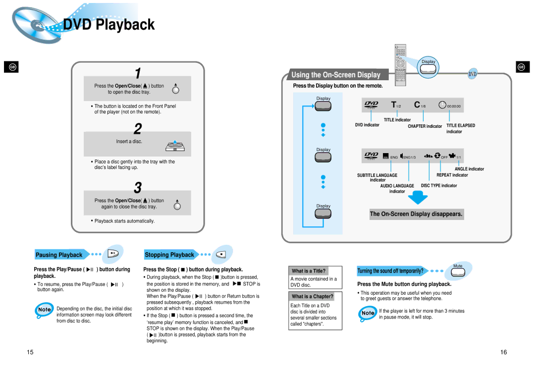 Samsung 20041112182436906 DVD Playback, Using the On-Screen Display, On-Screen Display disappears, Pausing Playback 