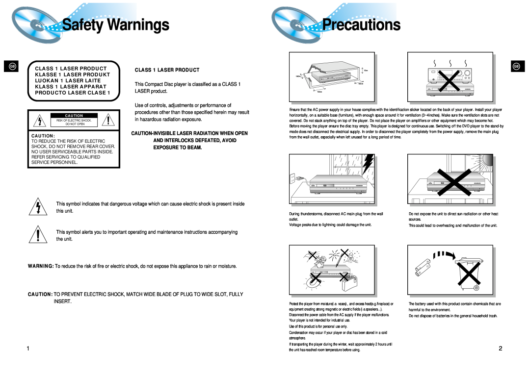 Samsung 20041112182436906 instruction manual Safety Warnings, Precautions, CLASS 1 LASER PRODUCT, KLASSE 1 LASER PRODUKT 