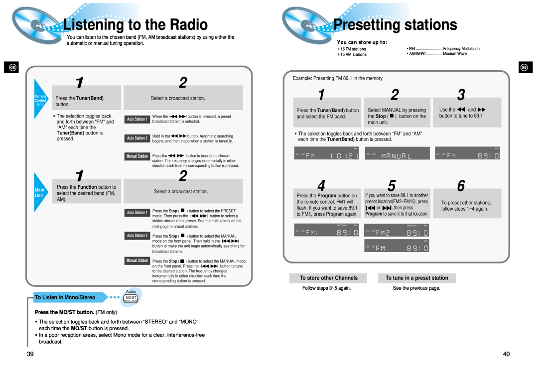 Samsung 20041112182436906 Listening to the Radio, Presetting stations, To Listen in Mono/Stereo, To store other Channels 