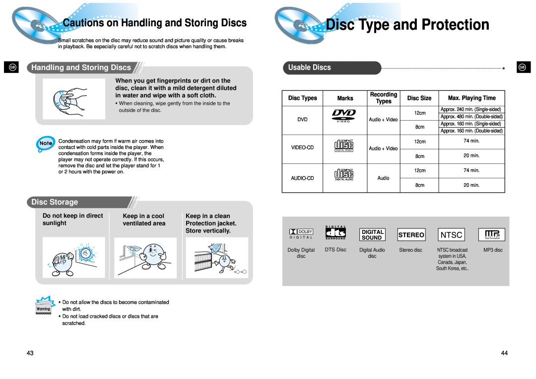 Samsung 20041112182436906 Disc Type andProtection, Cautions on Handling and Storing Discs, Disc Storage, Usable Discs 