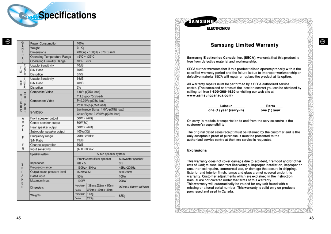Samsung 20041112182436906 Specifications, Samsung Limited Warranty, Exclusions, Labour, Parts, one 1 year carry-in 